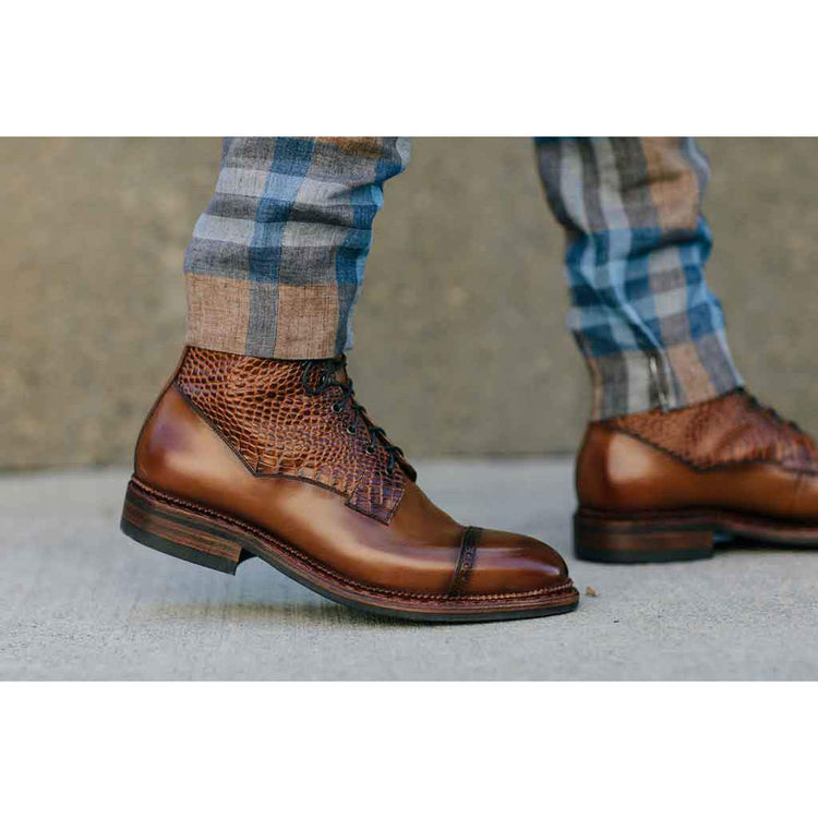 Height Increasing Tan Alligator Textured Leather Furzton Lace Up Boots