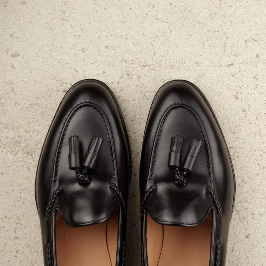 Height Increasing Black Leather Swale Tassel Loafers - Formal Shoes