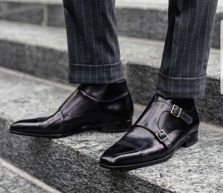 Height Increasing Black Leather Aveiro Brogue Monk Strap Boots