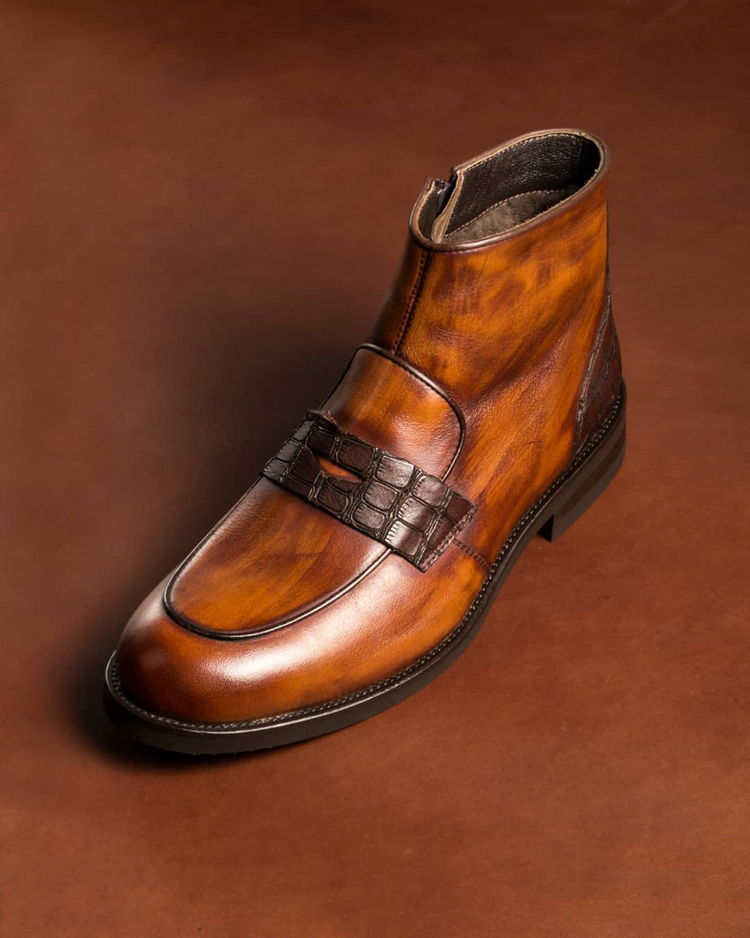 Height Increasing Tan Leather Barcelos Penny Zipper Boots