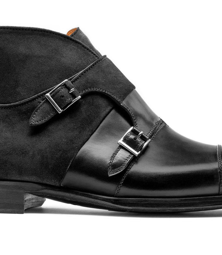 Flat Feet Shoes - Black Suede & Leather Philadel Monk Strap Boots with Arch Support