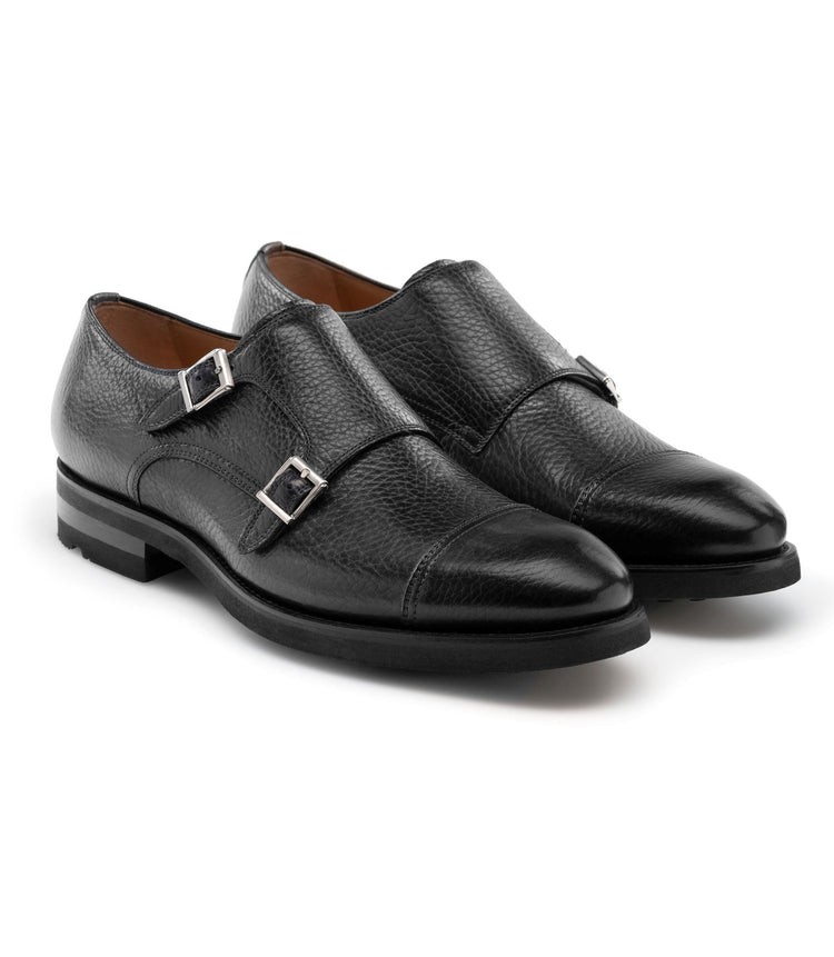 Flat Feet Shoes - Black Leather Portneuf Chunky Monk Strap Shoes with Arch Support
