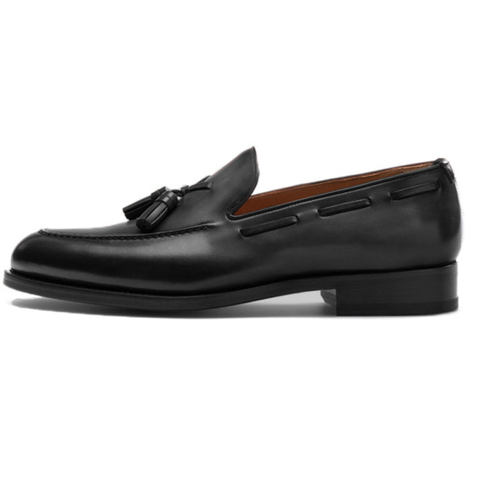 Height Increasing Black Leather Barbican Tassel Loafers - Formal Shoes