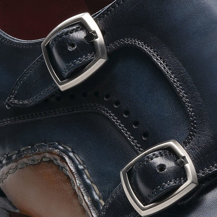 Flat Feet Shoes - Navy Blue Leather Victoria Monk Strap Shoes with Arch Support