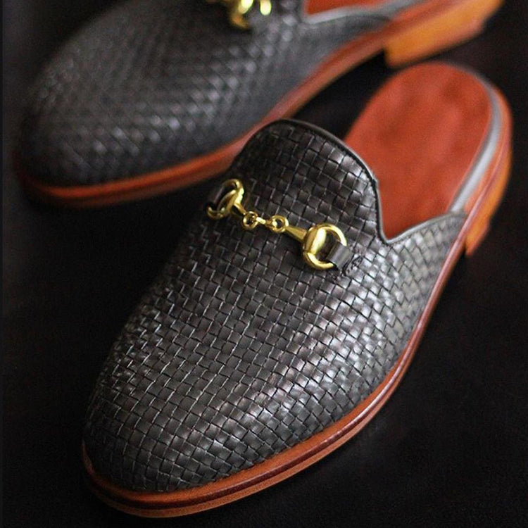 Flat Feet Shoes - Black Woven Braided Leather Leiria Horsebit Slippers with Arch Support