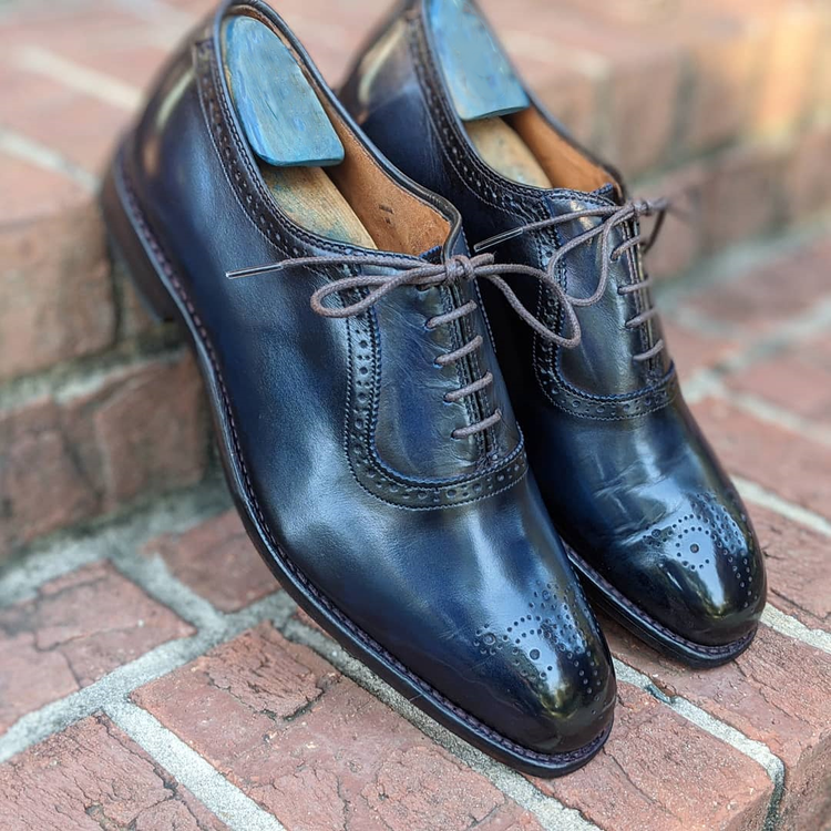 Navy Blue Leather Cudrefin Brogue Oxfords - Formal Shoes