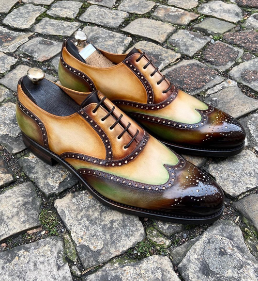 Height Increasing Mango Yellow and Green Leather Dietikon Brogue Oxfords - Formal Shoes