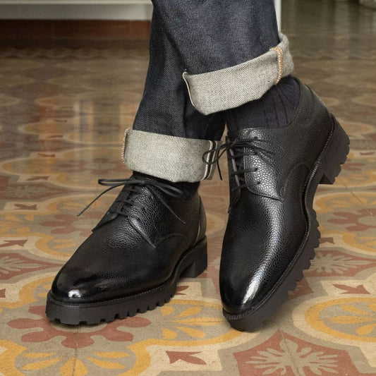Black Leather Alissa Chunky Derby Shoes - With Track Soles