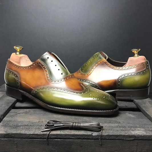 Height Increasing Olive Green and Tan Leather Estoril Brogue Toe Cap Oxfords - Formal Shoes