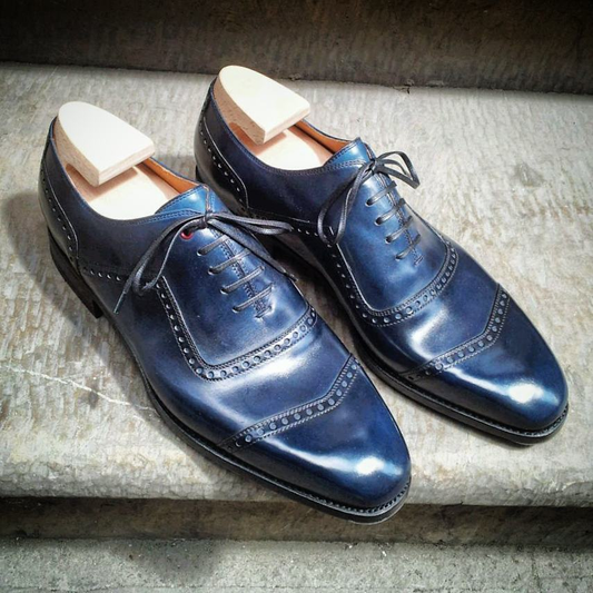 Navy Blue Leather Lagos Brogue Toe Cap Oxfords - Formal Shoes