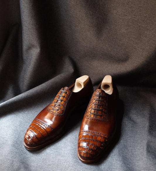 Height Increasing Tan Leather Lagos Croc Print Brogue Toe Cap Oxfords - Formal Shoes