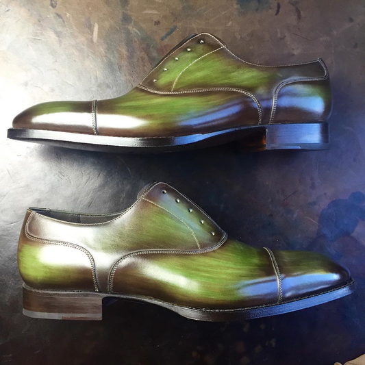Height Increasing Green Leather Sines Toecap Oxfords - Formal Shoes