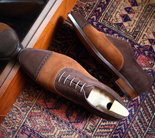 Height Increasing Brown and Tan Suede Viseu Brogue Toecap Oxfords - Formal Shoes