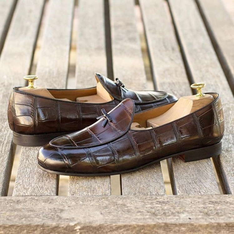 Brown Crocodile Leather Launceston Slip On Loafers