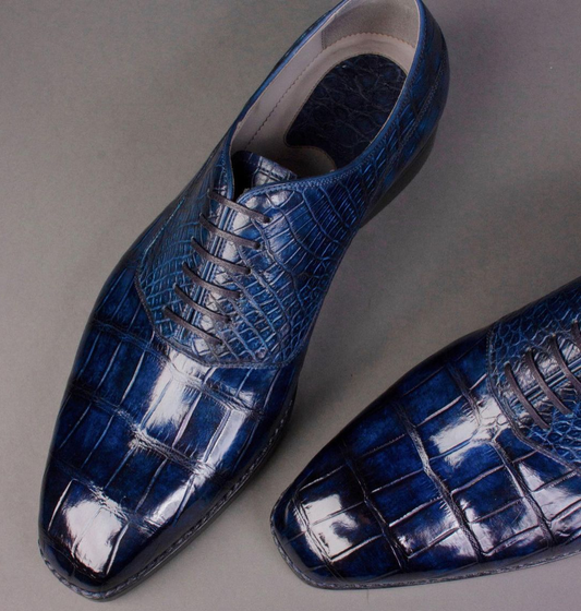 Navy Blue Crocodile Leather Burnie Oxford Shoes