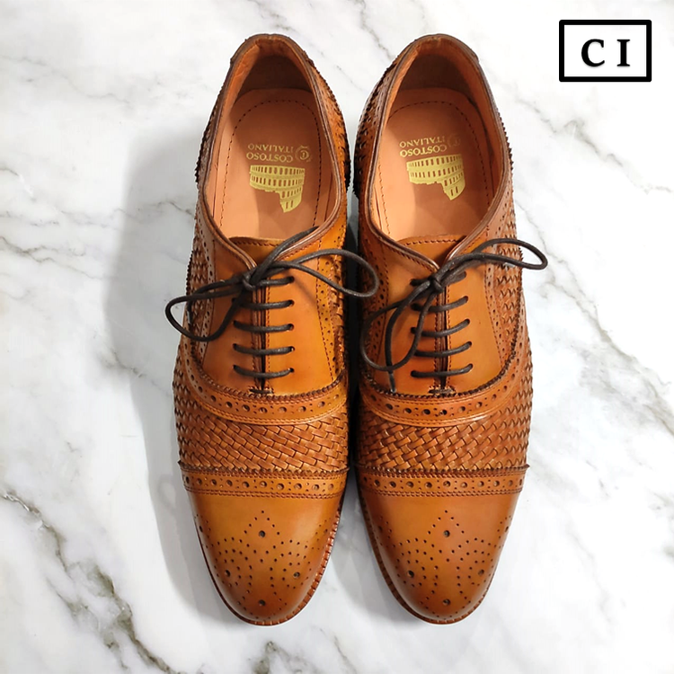 Flat Feet Shoes - Tan Braided Leather Morice Brogue Oxfords with Arch Support