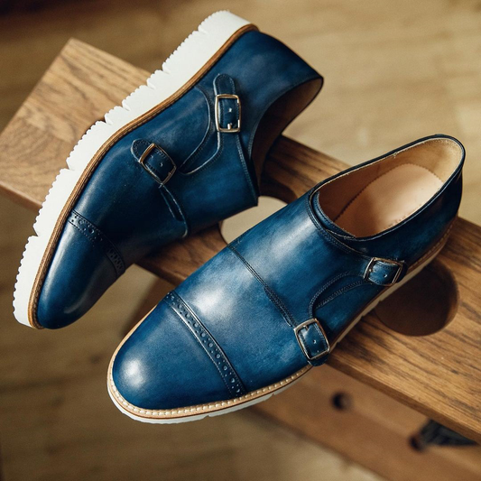 Blue Leather Stara Monk Strap Shoes with White Sole