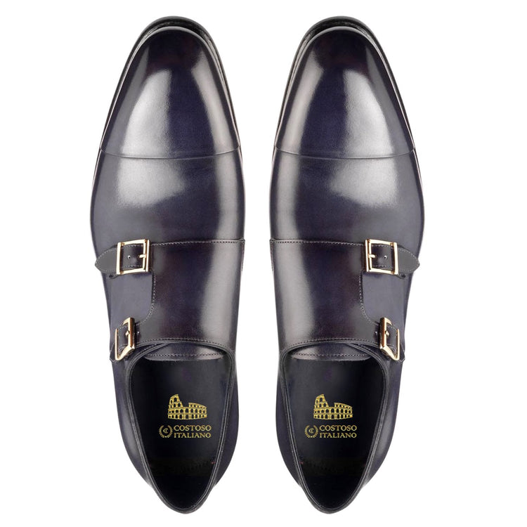 Flat Feet Shoes - Navy Blue Leather Castle Monk Straps with Arch Support