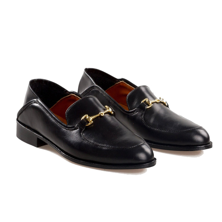 Flat Feet Shoes - Black Leather Penela Horsebit Collapsible Loafer Slippers with Arch Support
