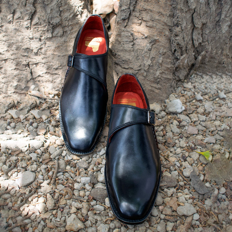 Height Increasing Black Leather Bathurst Monk Straps Shoes