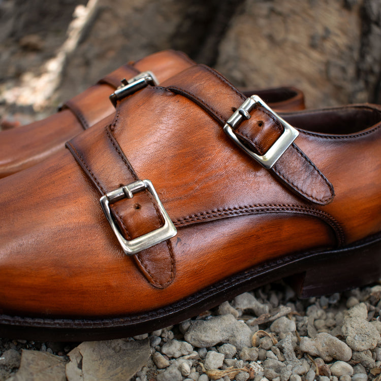 Tan Leather Leminst Monk Strap Shoes