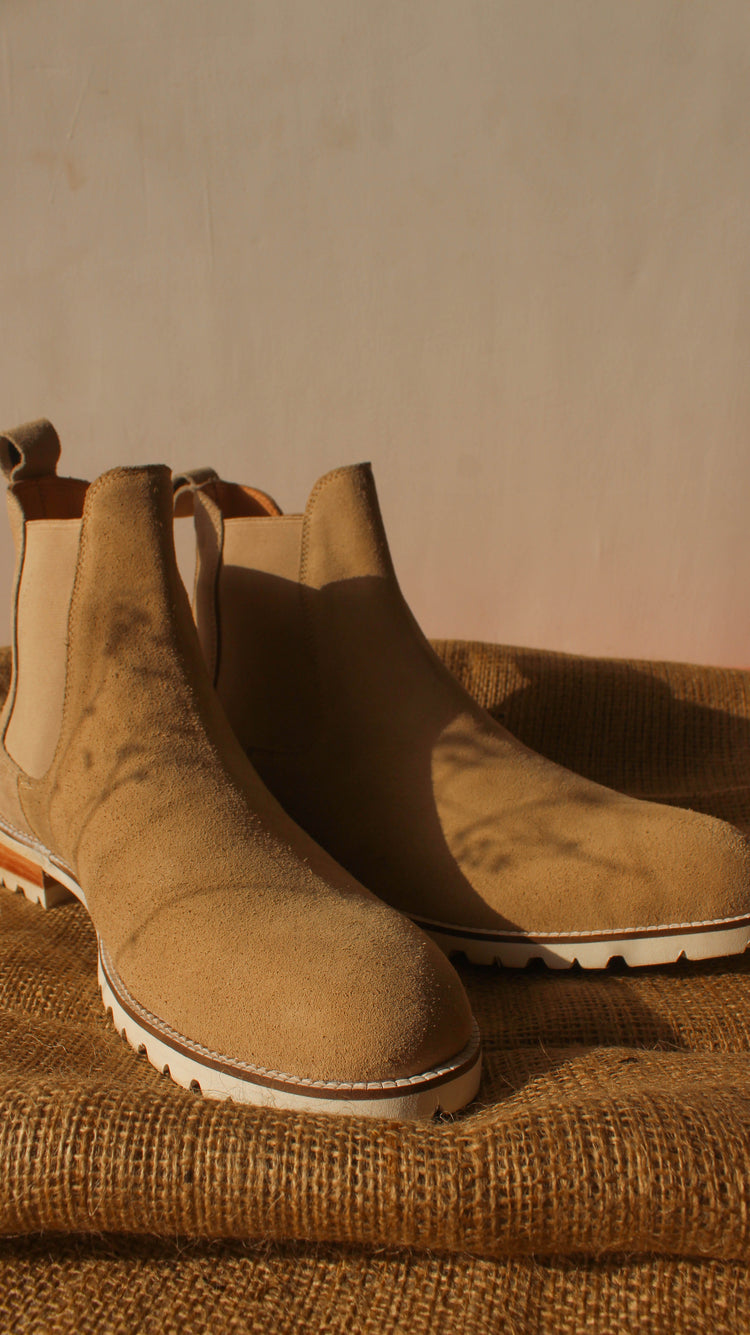 Beige Suede Leather Ferneto Chunky Chelsea Boots