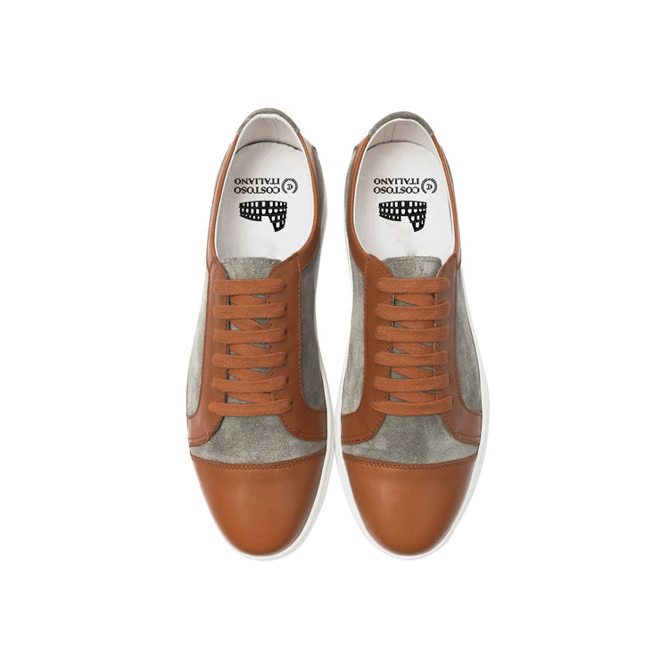 Height Increasing Tan Leather and Grey Suede Angus Lace Up Sneakers