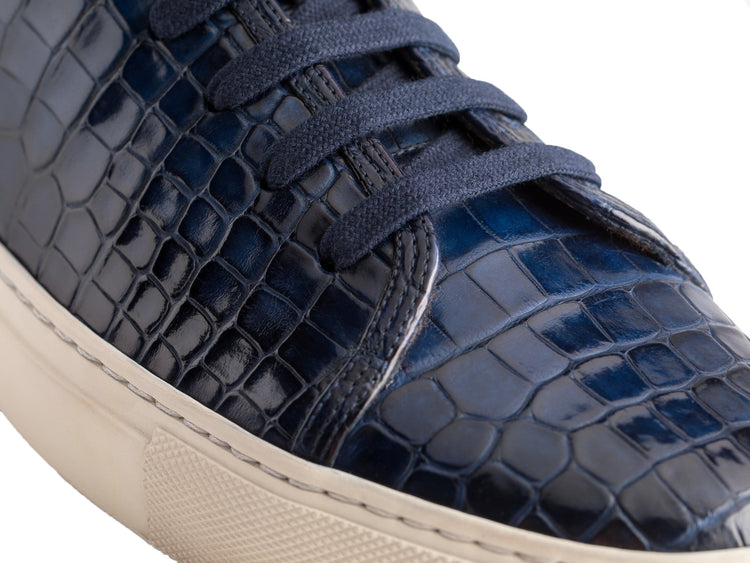 Navy Blue Croc Print Leather Cornella Lace Up Sneakers