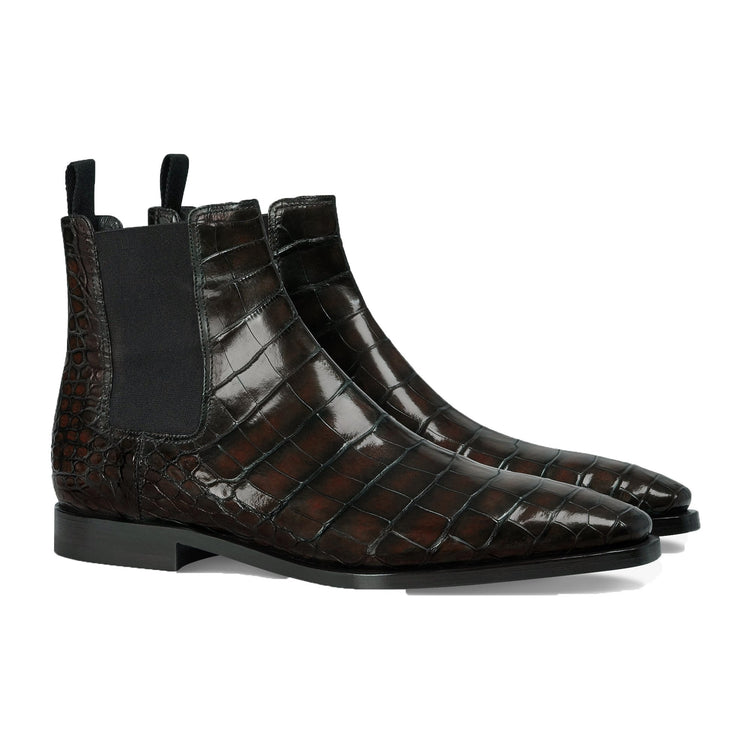 Flat Feet Shoes - Brown Alligator Textured Leather Evington Chelsea Slip On Boots with Arch Support