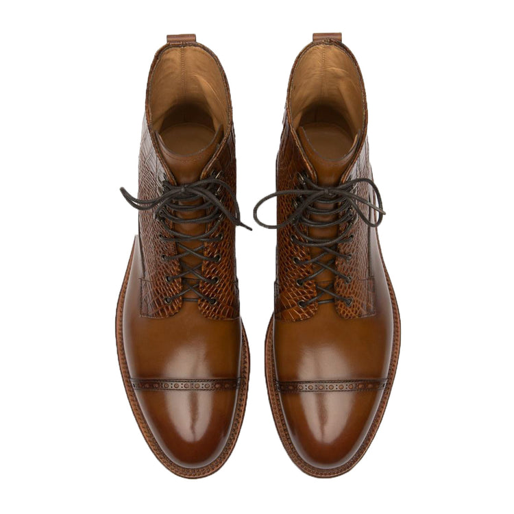 Height Increasing Tan Alligator Textured Leather Furzton Lace Up Boots
