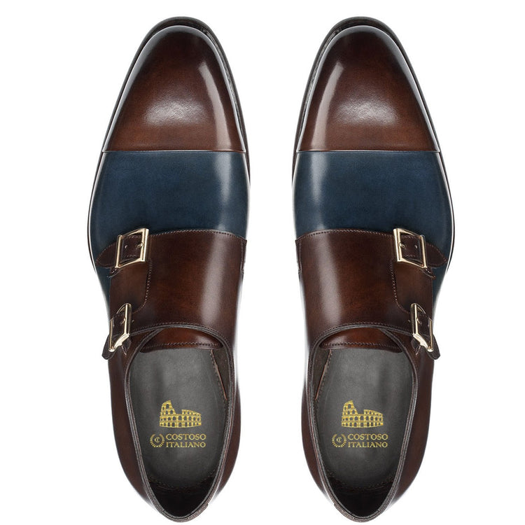 Flat Feet Shoes - Navy Blue and Brown Leather Castle Monk Straps with Arch Support