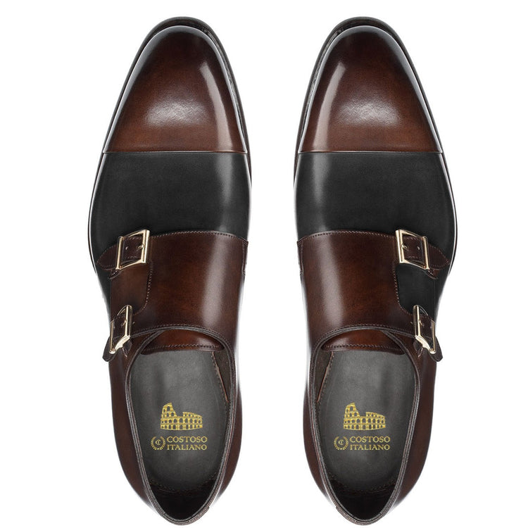 Flat Feet Shoes - Brown and Black Leather Castle Monk Straps with Arch Support