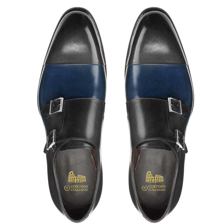 Flat Feet Shoes - Navy Blue and Black Leather Castle Monk Straps with Arch Support