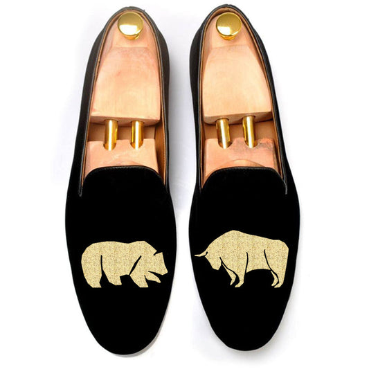 Black Velvet Bear v/s Bull Embroidered Loafers