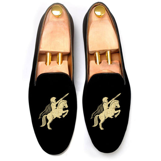 Black Velvet Cavalry Embroidered Loafers