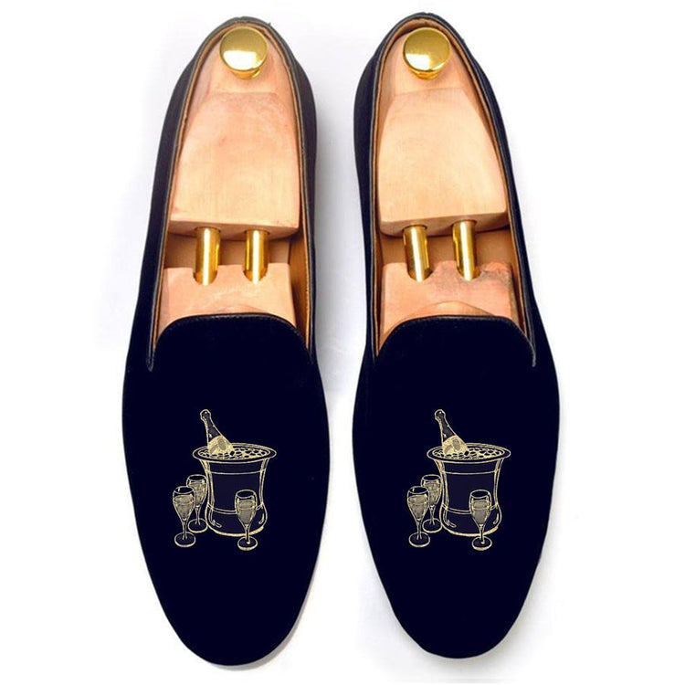 Flat Feet Shoes - Blue Velvet Champagne Party Embroidered Loafers with Arch Support