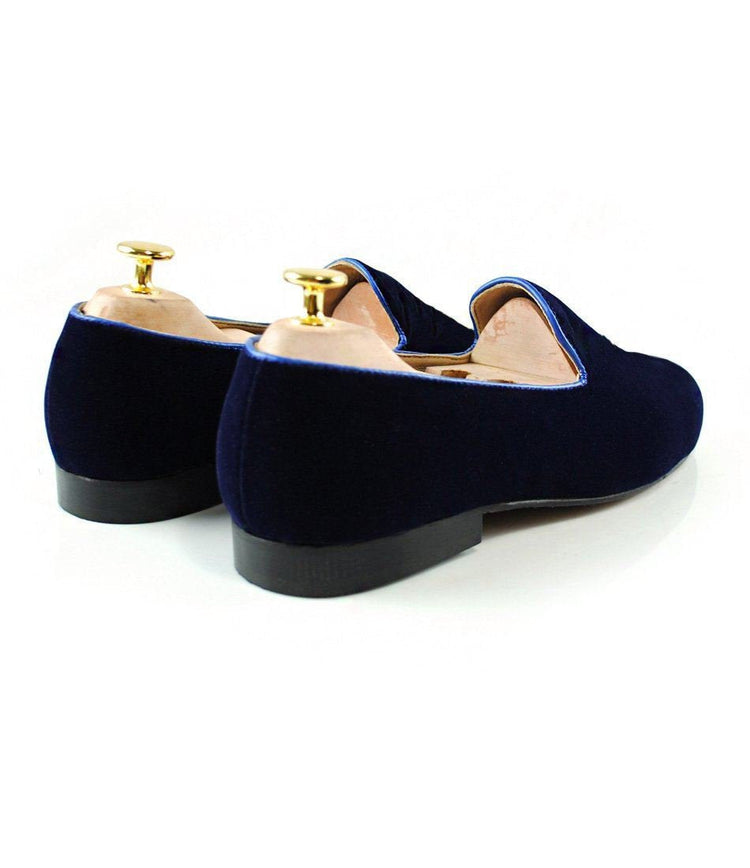 Flat Feet Shoes - Blue Velvet Bear v/s Bull Embroidered Loafers with Arch Support