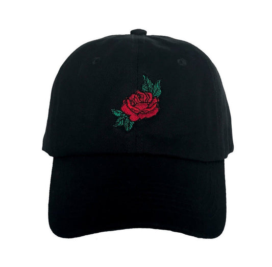 Black Suede Baseball Cap with Rose Embroidery