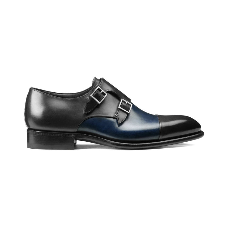 Flat Feet Shoes - Navy Blue and Black Leather Castle Monk Straps with Arch Support