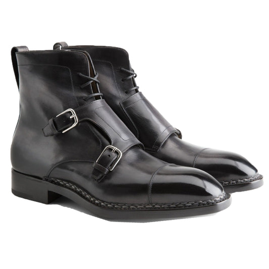 Flat Feet Shoes - Norwegian Welted Mafra Black Leather Double Monk Strap Oxford Boot with Arch Support