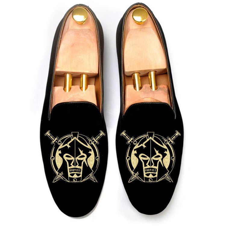 Flat Feet Shoes - Black Velvet Spartan Shield Embroidered Loafers with Arch Support