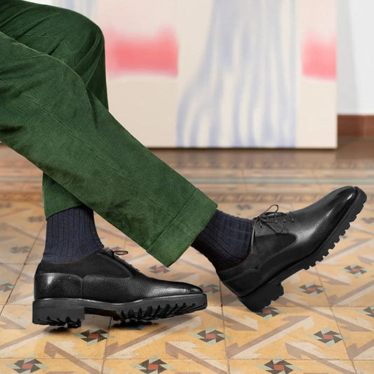 Black Leather and Suede Menessa Chunky Oxford Shoes - With Track Soles